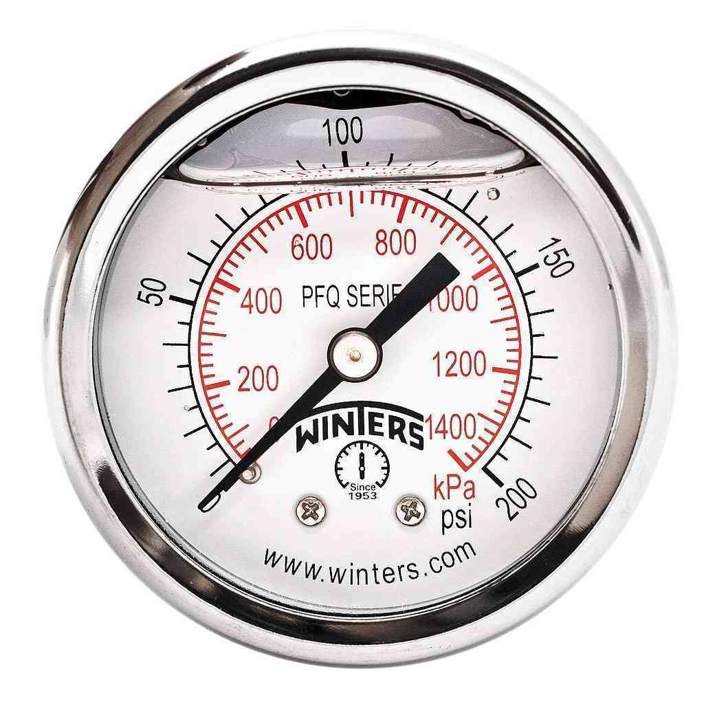 Winters PFQ Series Stainless Steel 304 Dual Scale Liquid Filled Pressure Gauge with Brass Internals, 0-200 psi/kpa, 2" Dial Display, -2.5% Accuracy, 1/4" NPT Back Mount Sold by: Amazon.com Services, Inc. WINTERS.PFQ2439